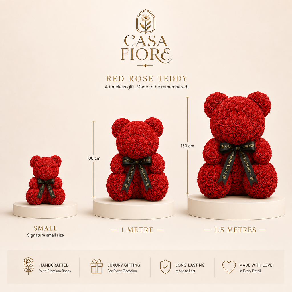 Casa Fiore Red Rose Teddy size comparison - Small, 1 Metre, 1.5 Metres